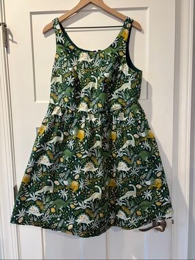 Modcloth Women’s Green Dino & Flora Print Fit Flare Sundress Dress 1X Pockets